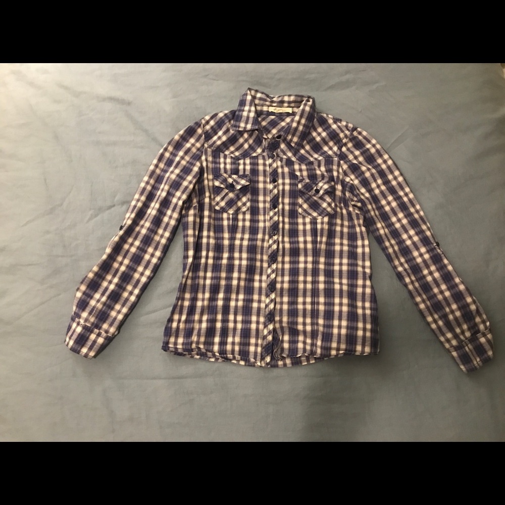 Blue and White Plaid Button Up